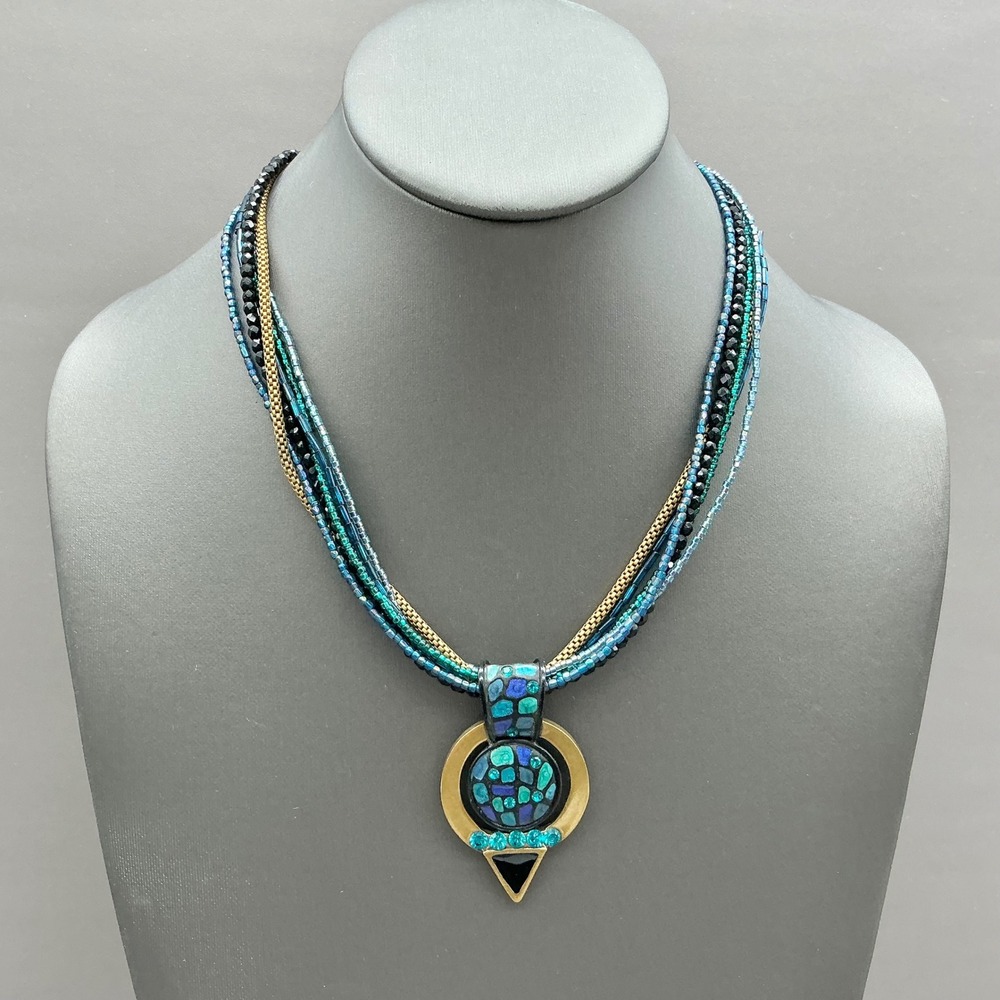 Chico's Necklace Women Blue Multi Strand Beaded Mosaic Pendant Statement Jewelry